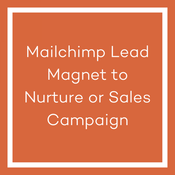 A graphic with an orange background and a white line bordering the image. The white text in the centre of the image reads ‘Mailchimp Lead Magnet to Nurture or Sales Campaign’