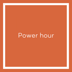 A graphic with an orange background and a white line bordering the image. The white text in the centre of the image reads ‘Power Hour’
