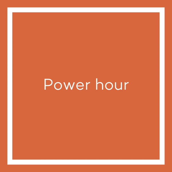 A graphic with an orange background and a white line bordering the image. The white text in the centre of the image reads ‘Power Hour’
