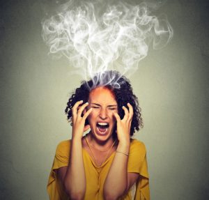 Very angry pissed off woman screaming steam smoke coming out up of head. Negative human emotions, feelings face expression