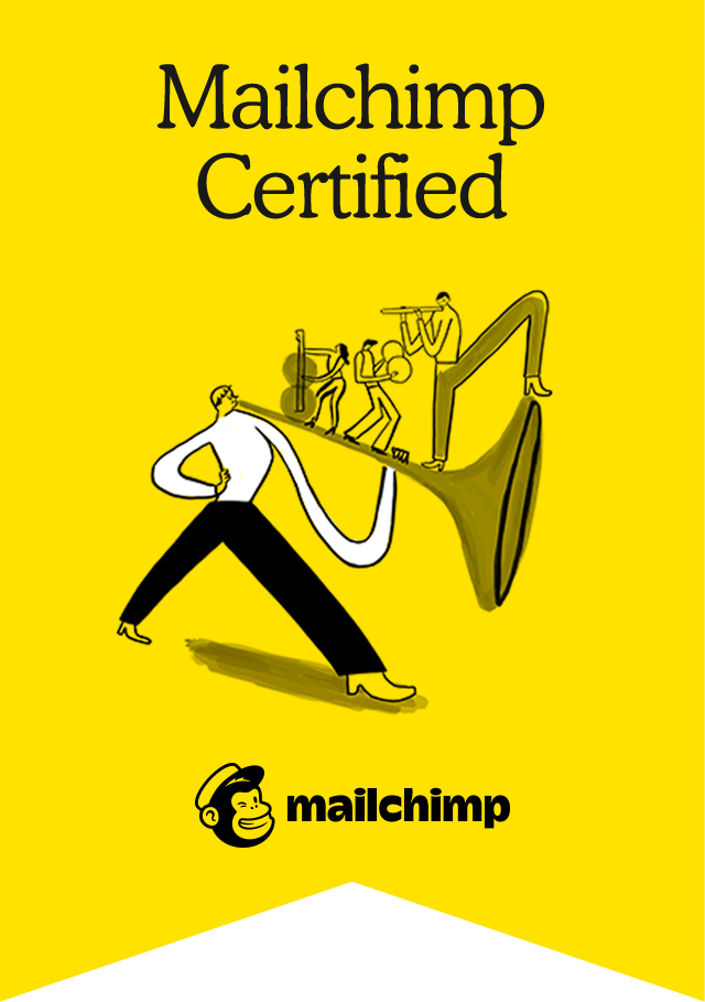 A yellow icon with the text ‘Mailchimp Certified’, a cartoon of a man blowing a bugle with other people also playing instruments stood on top of the bagel and then the Mailchimp logo
