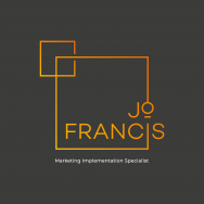 The logo for Jo Francis. The background is a dark grey and there are two orange squares, one big and one small, that overlap in the corner. The words Jo Francis interrupt the line of the larger square. Under the larger square there is white text reading Marketing Implementation Specialist.