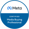 An icon showing certification by Meta. It is a dark blue circle where the upper half of the inside is white. The text in the circle reads ‘Meta Certified Media Buying Professional’.