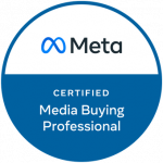 An icon showing certification by Meta. It is a dark blue circle where the upper half of the inside is white. The text in the circle reads ‘Meta Certified Media Buying Professional’.