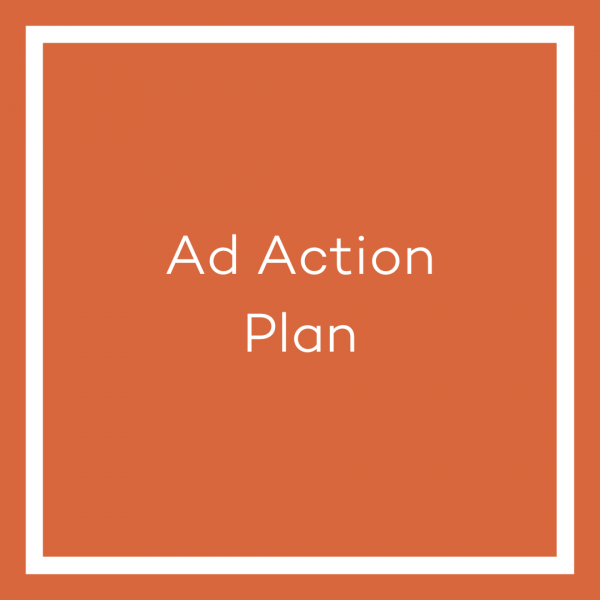 A graphic with an orange background and a white line bordering the image. The white text in the centre of the image reads ‘Ad Action Build’