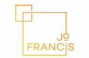 The logo for Jo Francis. There are two orange squares, one big and one small, that overlap in the corner. The words Jo Francis interrupt the line of the larger square.